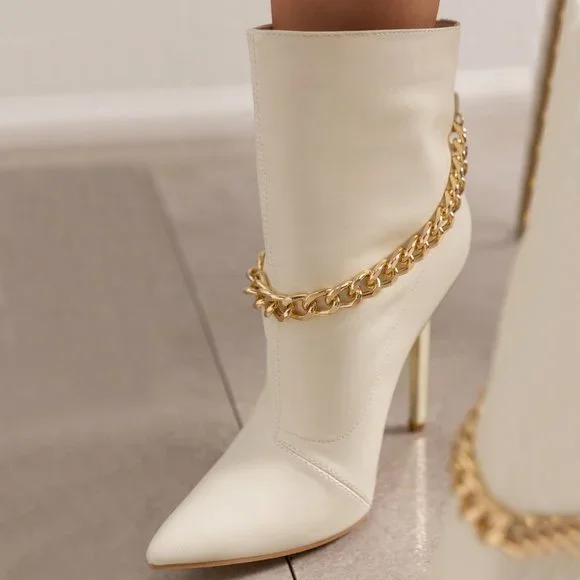 NEW🔥 Cream White Metallic Stiletto Heel Booties Ankle Boot Gold Chain Anklet - Picture 2 of 7